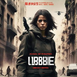 A dystopian action film movie poster featuring a strong female protagonist and her army father, set in a futuristic, war-torn Barcelona, Spain