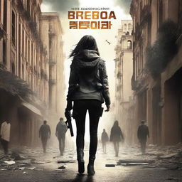 A dystopian action film movie poster featuring a strong female protagonist and her army father, set in a futuristic, war-torn Barcelona, Spain