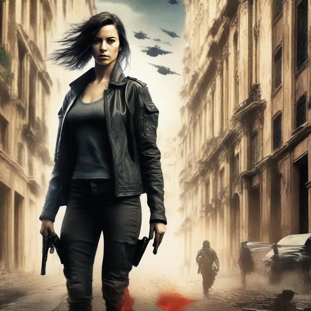 A dystopian action film movie poster featuring a strong female protagonist and her army father, set in a futuristic, war-torn Barcelona, Spain