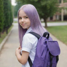 A young girl with long, lilac-colored hair heading to school, carrying a backpack and wearing a school uniform.