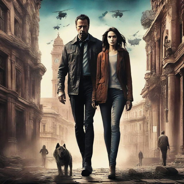 A dystopian action film movie poster featuring a 30-year-old daughter and her army father, set in a futuristic and war-torn Barcelona, Spain