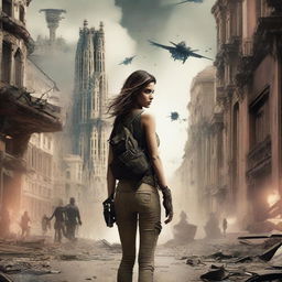 A dystopian action film movie poster featuring a 30-year-old daughter and her army father, set in a futuristic and war-torn Barcelona, Spain