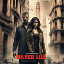 A dystopian action film movie poster featuring a 30-year-old daughter and her army father, set in a futuristic and war-torn Barcelona, Spain