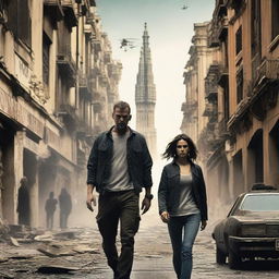 A dystopian action film movie poster featuring a 30-year-old daughter and her army father, set in a futuristic and war-torn Barcelona, Spain