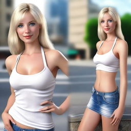 Create an ultra-realistic image of a blonde, blue-eyed woman wearing a miniskirt and a white halter top