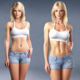 Create an ultra-realistic image of a blonde, blue-eyed woman wearing a miniskirt and a white halter top