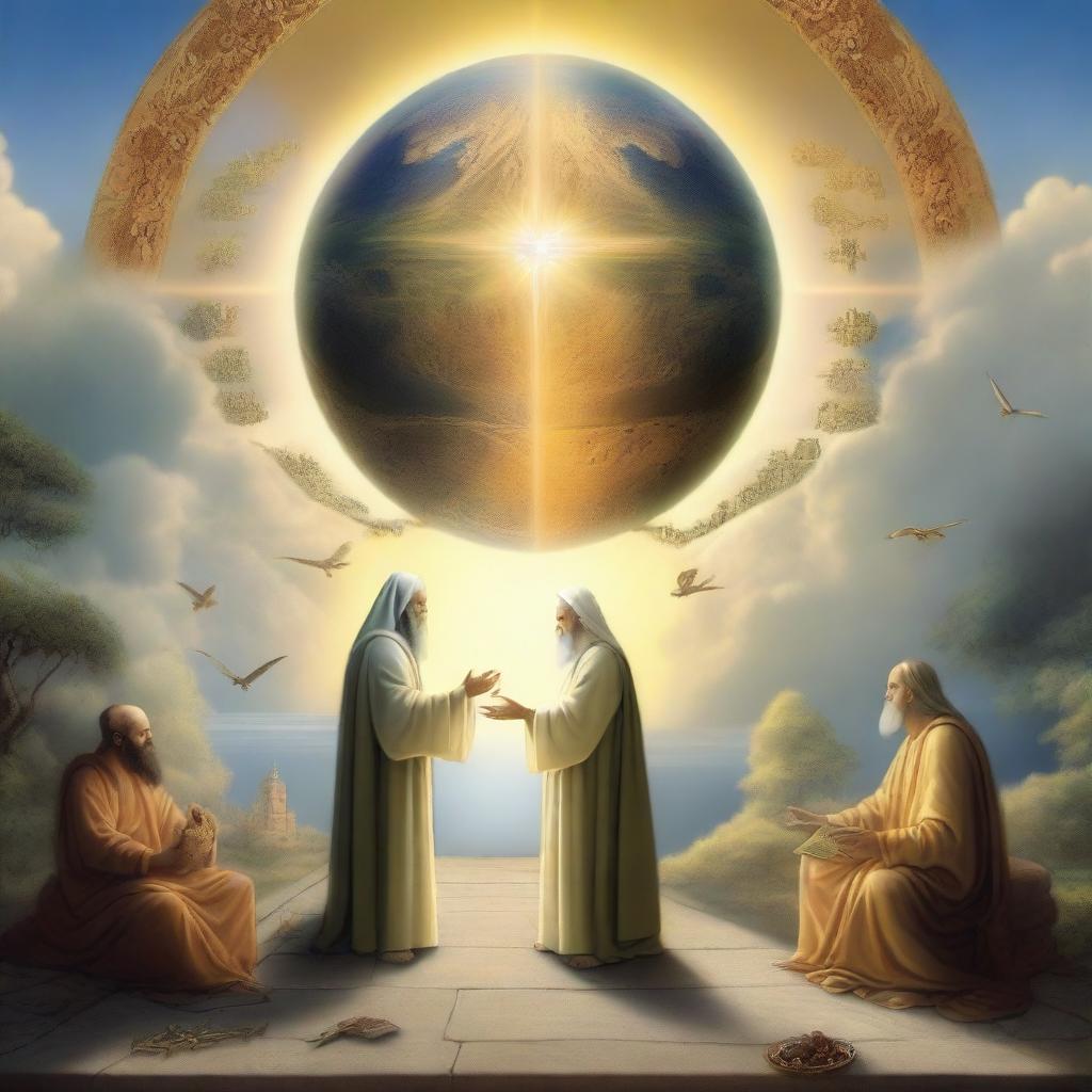 An imaginative scene depicting a dialogue between different worlds: from reason to faith