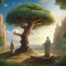 An imaginative scene depicting a dialogue between different worlds: from reason to faith