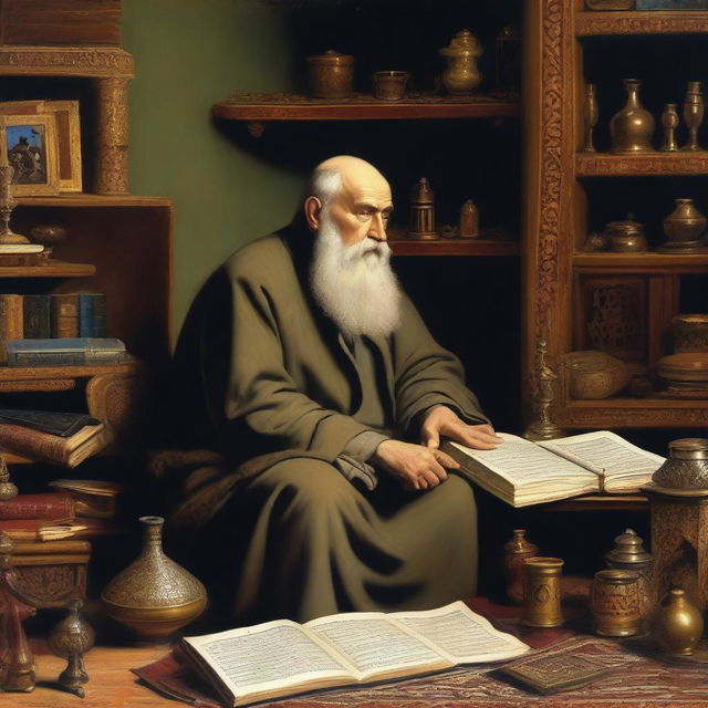 A detailed image of a Russian philosopher in his room, deep in thought about philosophy and Islam