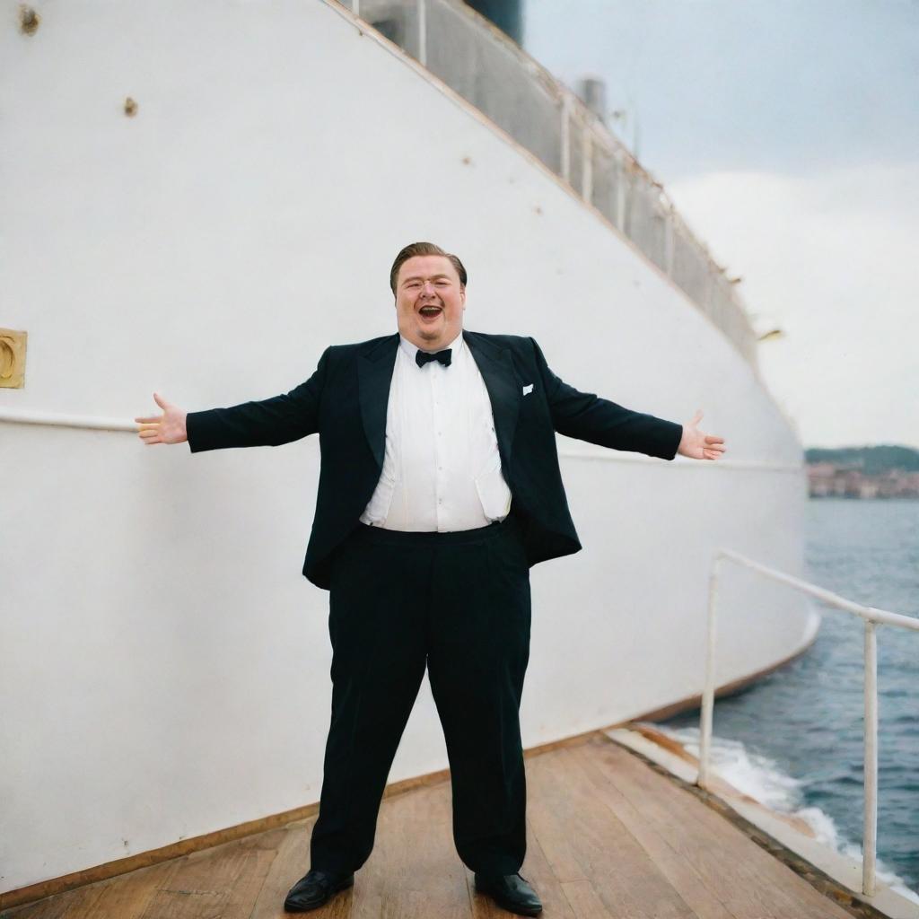 A chubby man is joyfully posing on the front of the Titanic, mimicking Leonardo DiCaprio's iconic stance from the movie Titanic.