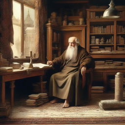 A detailed image of a Russian philosopher in his room, deep in thought about philosophy and Islam