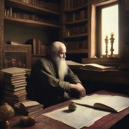 A detailed image of a Russian philosopher in his room, deep in thought about philosophy and Islam