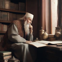 A detailed image of a Russian philosopher in his room, deep in thought about philosophy and Islam