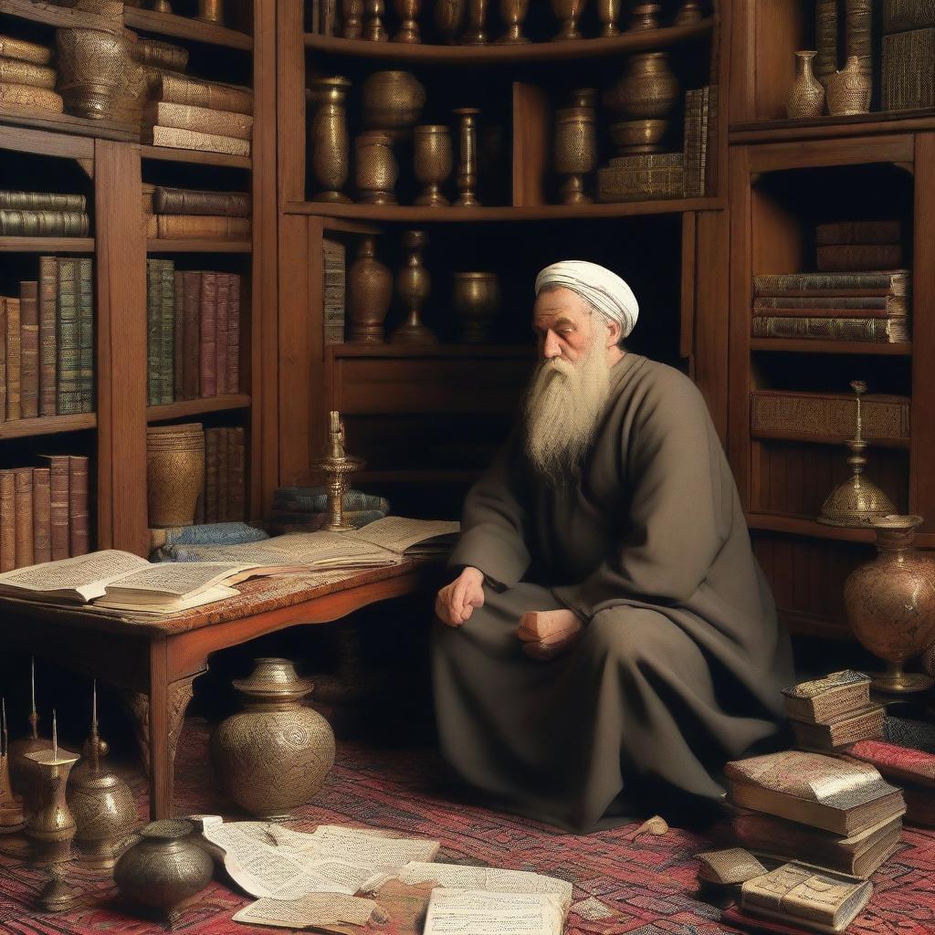 A detailed image of a Russian philosopher named Dimitry in his room, deep in thought about philosophy and Islam