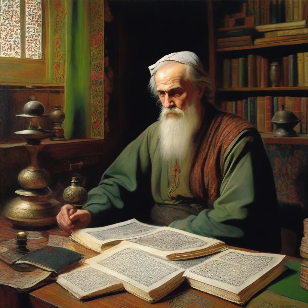 A detailed image of a Russian philosopher named Dimitry in his room, deep in thought about philosophy and Islam