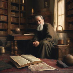 A detailed image of a Russian philosopher named Dimitry in his room, deep in thought about philosophy and Islam