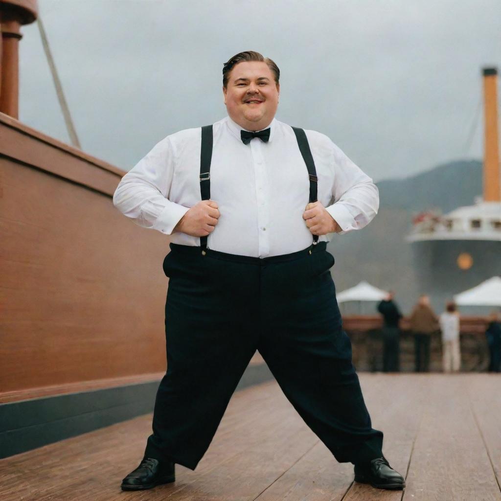 A chubby man is joyfully posing on the front of the Titanic, mimicking Leonardo DiCaprio's iconic stance from the movie Titanic.