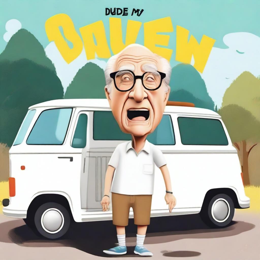 Create a movie poster with the text saying “Dude, Where’s my Van?” featuring a short elderly male wearing glasses and shrugging