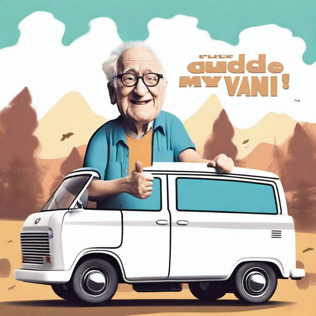 Create a movie poster with the text saying “Dude, Where’s my Van?” featuring a short elderly male wearing glasses and shrugging