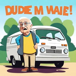 Create a movie poster with the text saying “Dude, Where’s my Van?” featuring a short elderly male wearing glasses and shrugging