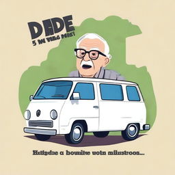 Create a movie poster with the text saying “Dude, Where’s my Van?” featuring a short elderly male wearing glasses and shrugging