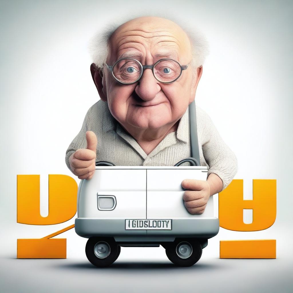 Create a movie poster with the text saying “Van?” featuring a short elderly male wearing glasses and shrugging