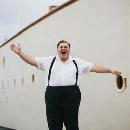 A chubby man is joyfully posing on the front of the Titanic, mimicking Leonardo DiCaprio's iconic stance from the movie Titanic.