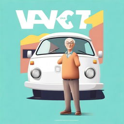 Create a movie poster with the text saying “Van?” featuring a short elderly male wearing glasses and shrugging