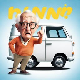 Create a movie poster with the text saying “Van?” featuring a short elderly male wearing glasses and shrugging