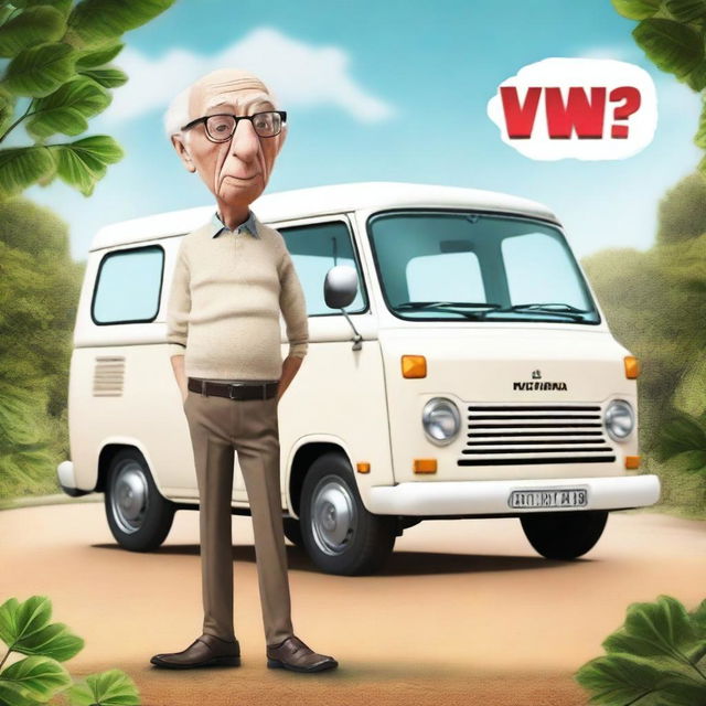 Create a movie poster with the text saying “Van?” featuring a short elderly male wearing glasses and shrugging