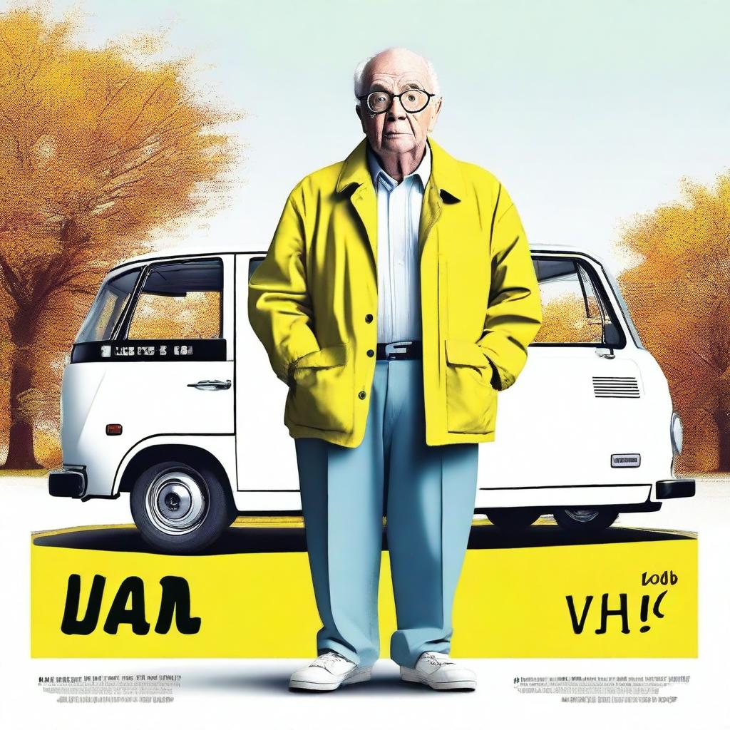 Create a movie poster with the text saying “Van?” featuring a short elderly male wearing a high visibility coat and glasses, standing and shrugging