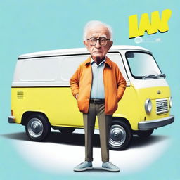 Create a movie poster with the text saying “Van?” featuring a short elderly male wearing a high visibility coat and glasses, standing and shrugging