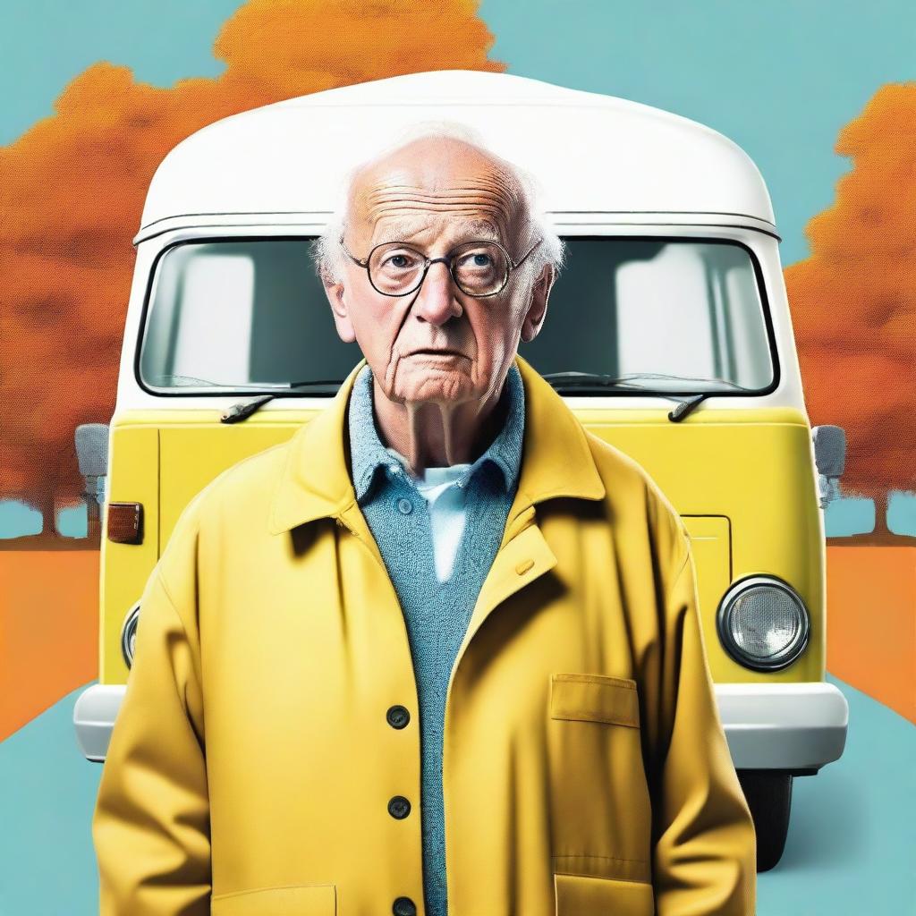 Create a movie poster with the text saying “Van?” featuring a short elderly male wearing a high visibility coat and glasses, standing and shrugging