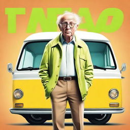 Create a movie poster with the text saying “Van?” featuring a short elderly male wearing a high visibility coat and glasses, standing and shrugging