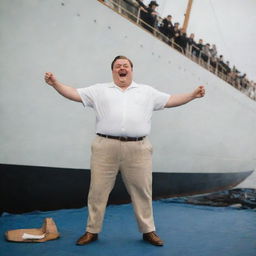 A chubby man is joyfully posing on the front of the Titanic, mimicking Leonardo DiCaprio's iconic stance from the movie Titanic.