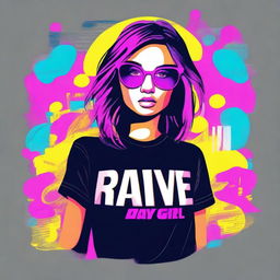 A t-shirt design featuring a photo of a girl with the text 'rave girl'