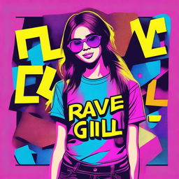 A t-shirt design featuring a photo of a girl with the text 'rave girl'