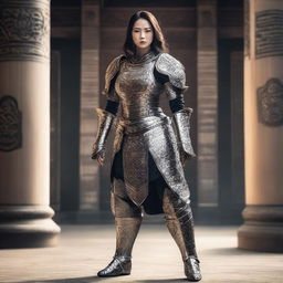 A beautiful Asian woman with an elegant face, standing in full body view wearing detailed armor