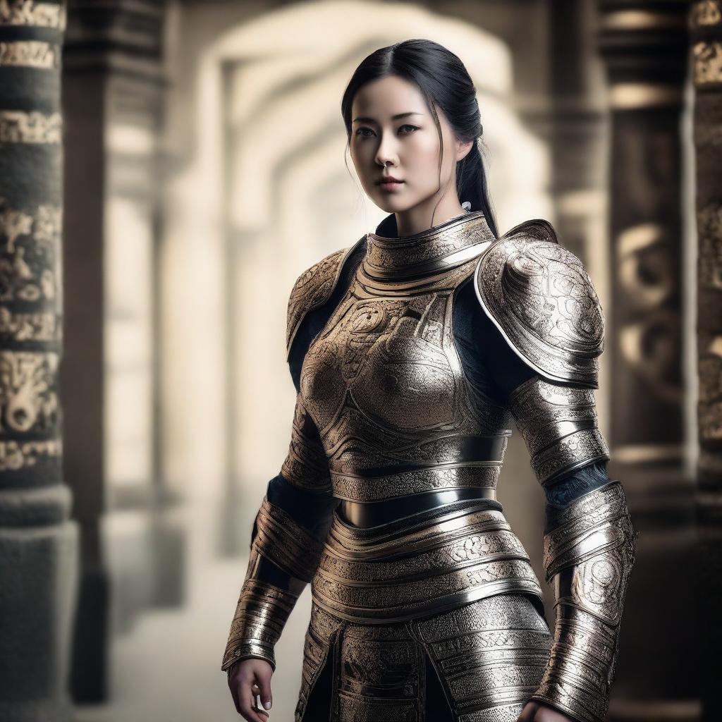 A beautiful Asian woman with an elegant face, standing in full body view wearing detailed armor