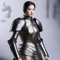 A beautiful Asian woman with an elegant face, standing in full body view wearing detailed armor