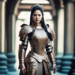 A beautiful Asian woman with an elegant face, standing in full body view wearing detailed armor