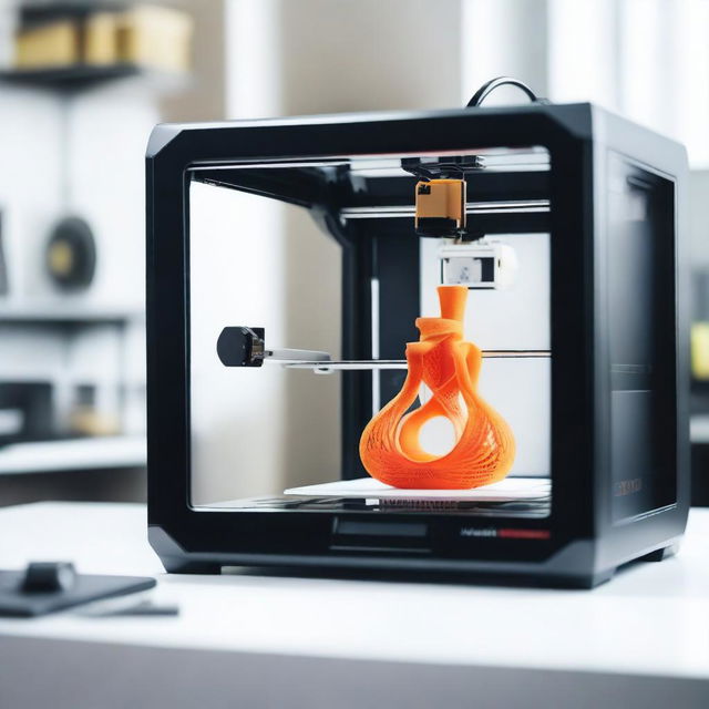 A detailed image of a 3D printer in action, printing a complex object