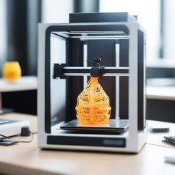 A detailed image of a 3D printer in action, printing a complex object