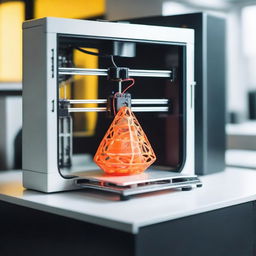 A detailed image of a 3D printer in action, printing a complex object