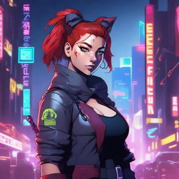 A ruthless female scout with scraggly red hair tied into a bun, holding a cyber sword on her side as she looks over her shoulder