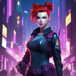 A ruthless female scout with scraggly red hair tied into a bun, holding a cyber sword on her side as she looks over her shoulder