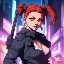 A ruthless female scout with scraggly red hair tied into a bun, holding a cyber sword on her side as she looks over her shoulder