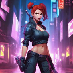 A ruthless female scout with scraggly red hair tied into a bun, holding a cyber sword on her side as she looks over her shoulder