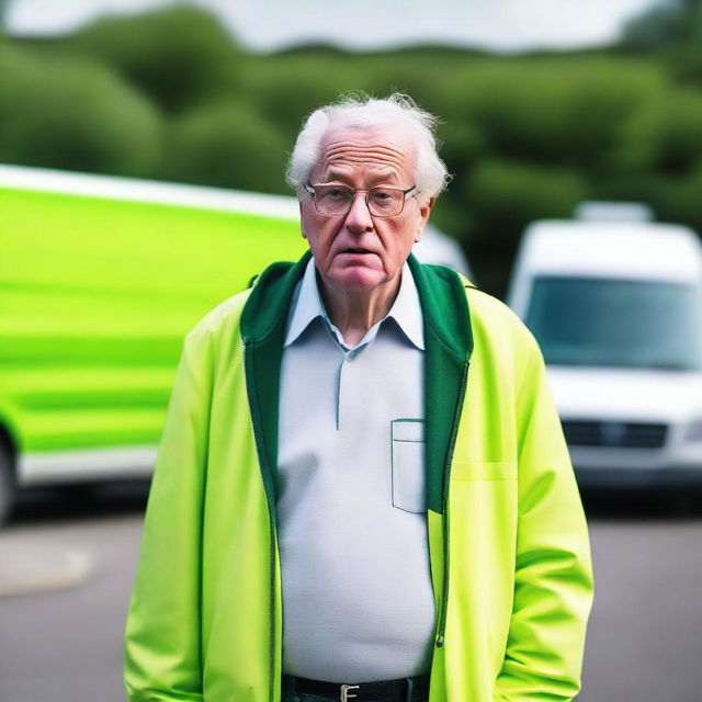 Create an image featuring a short elderly male with medium white hair, wearing a lime green high visibility jacket and glasses, standing and shrugging