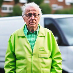 Create an image featuring a short elderly male with medium white hair, wearing a lime green high visibility jacket and glasses, standing and shrugging